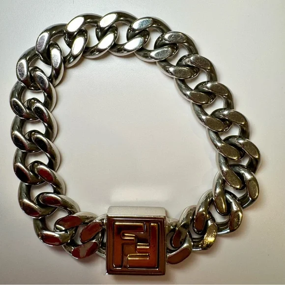 Fendi FF Logo Chain Link Bracelet In Silver And Gold Tone Metal, Size Small - Picture 6 of 12